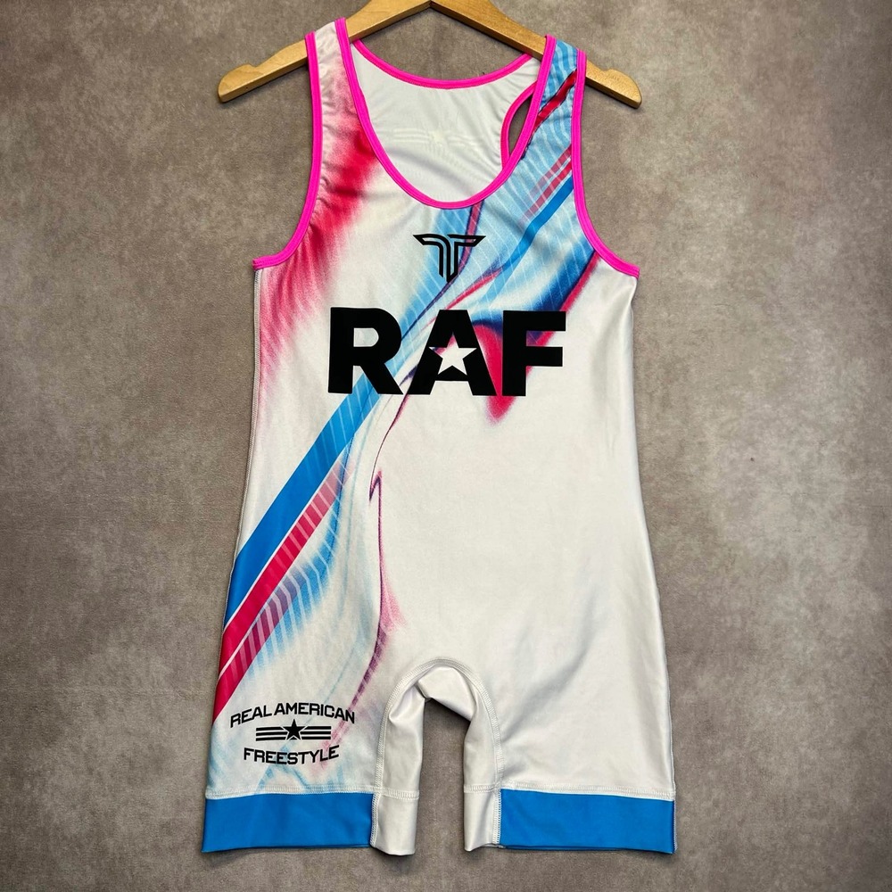 Takedown Real American Freestyle Wrestling Singlet White Blue Pink Adult Medium